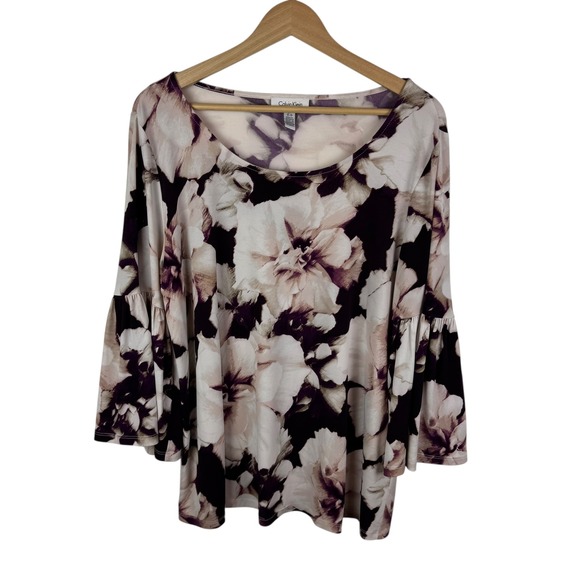 Calvin Klein Floral Bell Sleeve Blouse Large Office Career Romantic Feminine - Picture 1 of 11